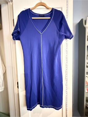 Biana Cobalt Blue V-Neck Midi Dress with White Stitching